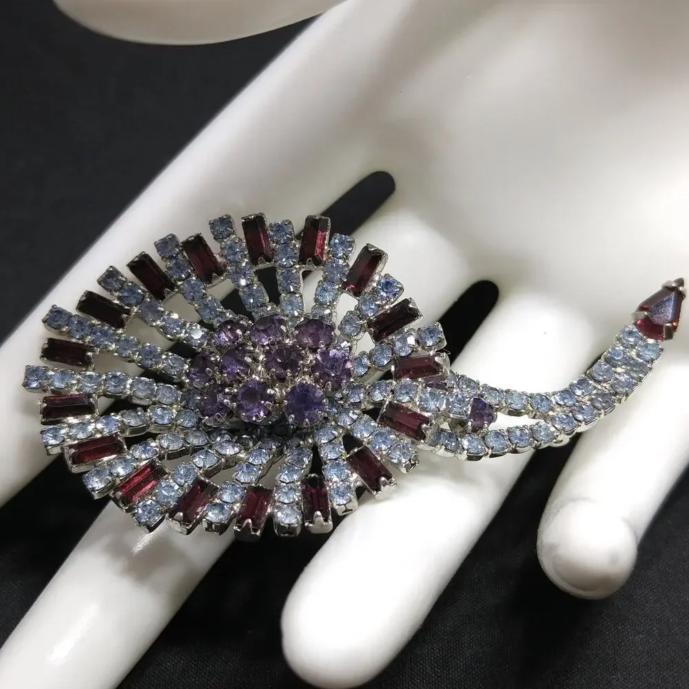 Vintage Hobe Rhinestone Brooch Purple Blue Rhodium Signed